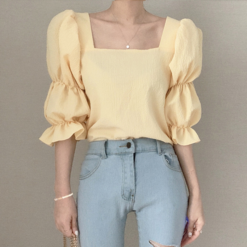 Summer Bubble Sleeve Chiffon Shirt for Women Korean Version Shows Thin Design with Square Neck Tops