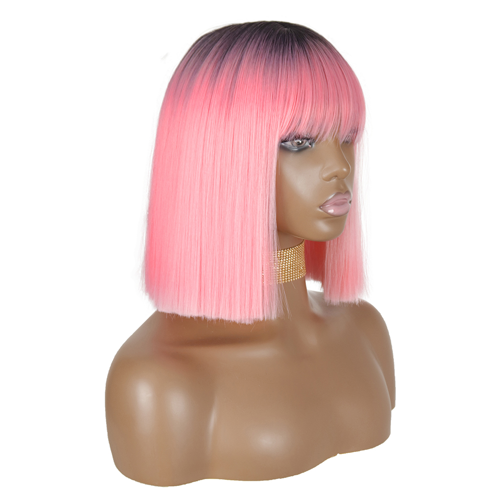 Synthetic Short Bob Straight Wig With Bangs for Women Wigs Black Pink Wigs Party Daily Use Shoulder Length