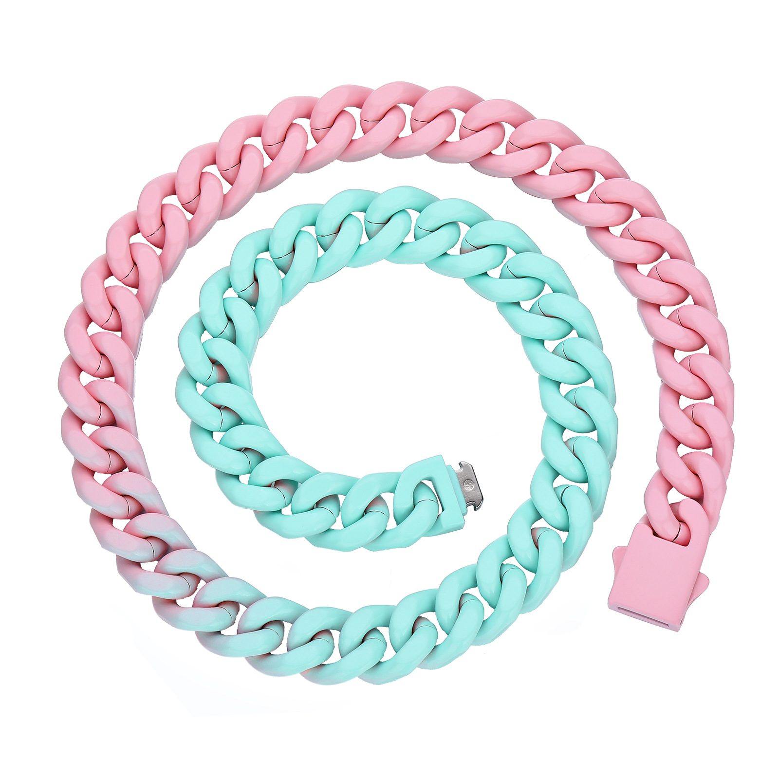 Hip Hop Colorful Stainless Steel Cuban Chain Necklace Bracelet Spring Buckle Mens Jewelry