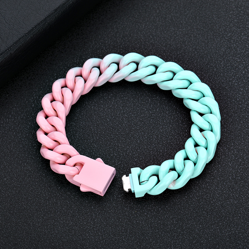 Hip Hop Colorful Stainless Steel Cuban Chain Necklace Bracelet Spring Buckle Mens Jewelry