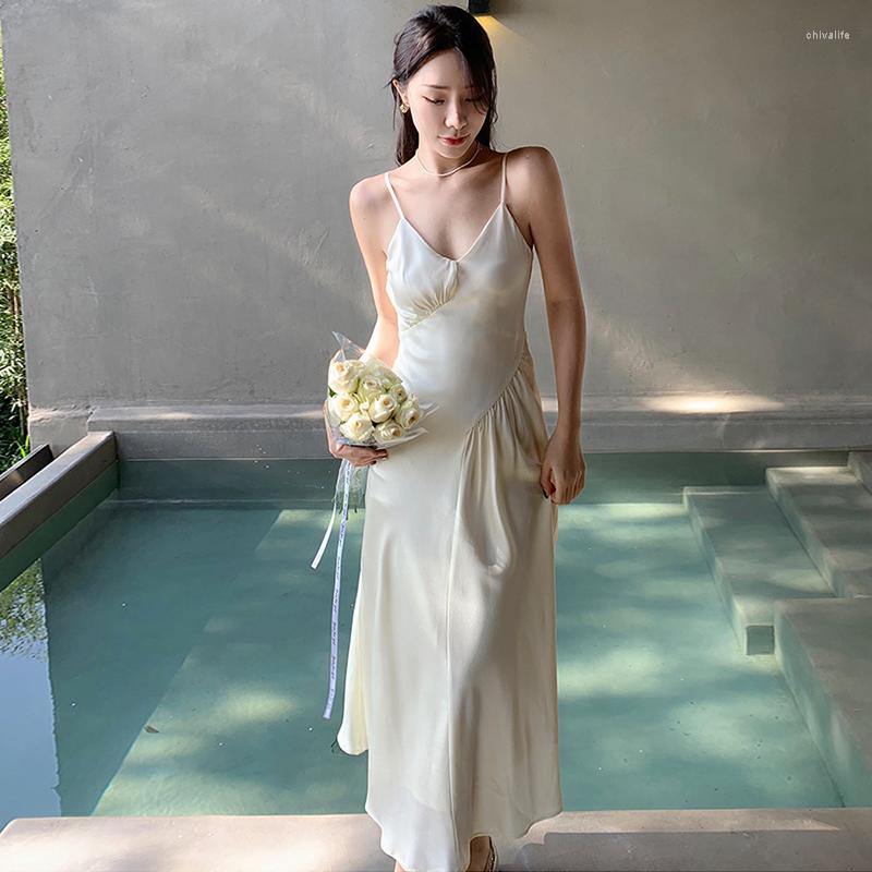 Casual Dresses Fashion French Style Women Retro Sexy Strap Maxi Vacation Party Dress Elegant Office Coffee Break Robe Satin Beach Female, Apricot 
Casual Dresses Fashion French Style Women Retro Sexy Strap Maxi Vacation Party Dress Elegant Office Coffee Break Robe Satin Beach Female, Apricot