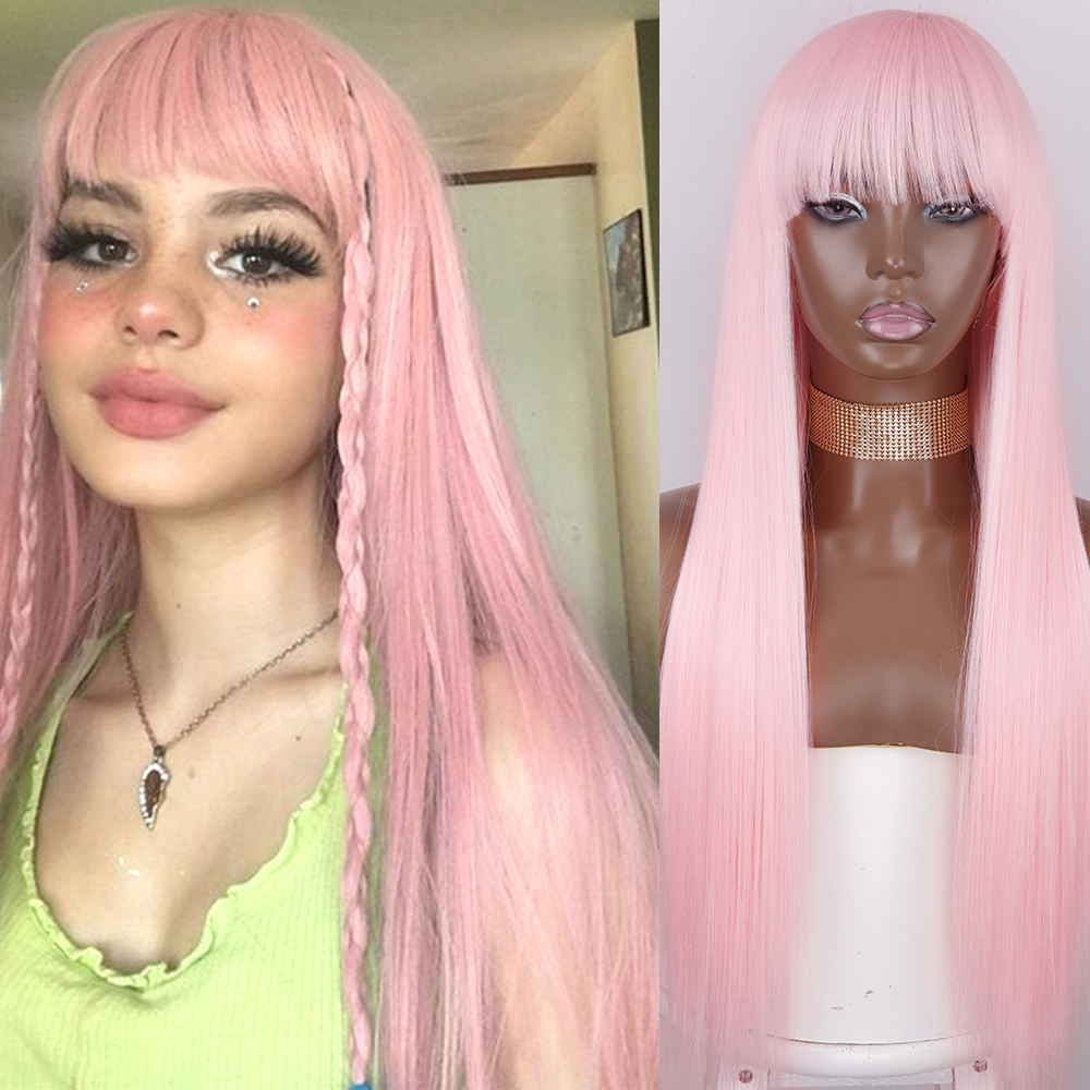 Synthetic Straight Hair Long Black Pink Cosplay Wig With Bangs 28 Inch Long Heat-Resistant Orange Wigs For Women