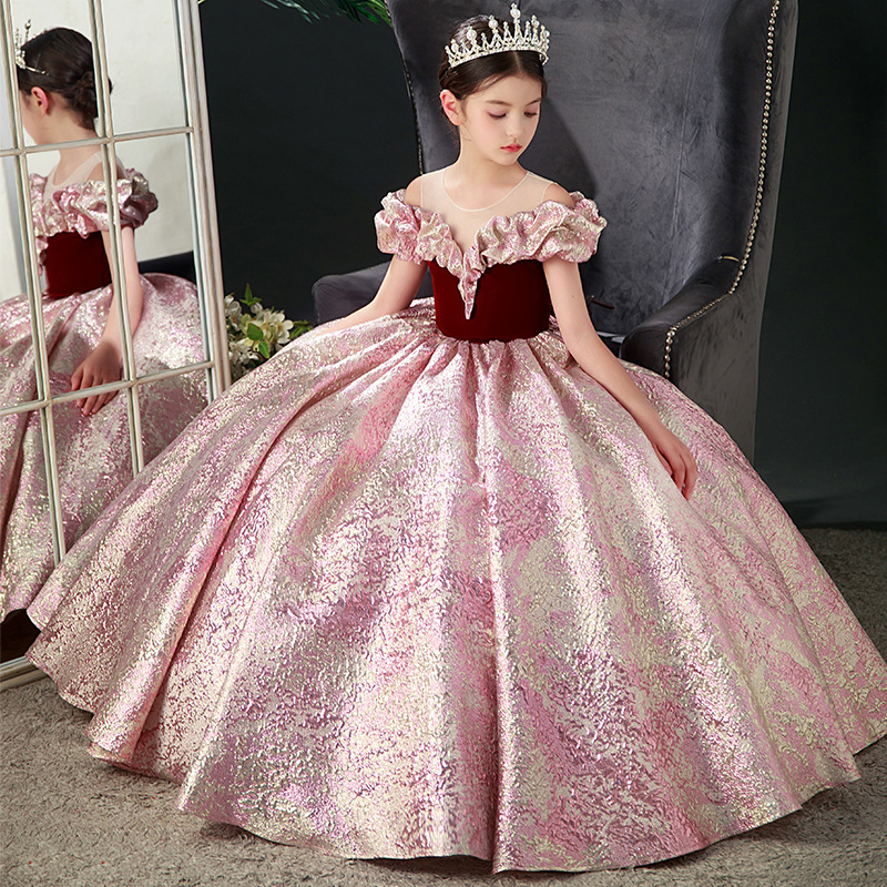 Cute Pink Lace Flower Girl Dress Bows Children's First Communion Dress Princess Formal Tulle Kids Ball Gown Wedding Party Pageant gowns