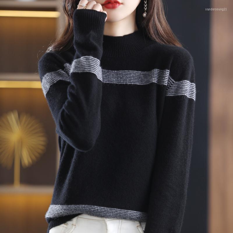 Women' Sweaters 2022 Autumn And Winter Female Half High Neck Color Matching Pullover Loose Wild Fashion Pure Wool Knitted Base Sweater, Black 
Women' Sweaters 2022 Autumn And Winter Female Half High Neck Color Matching Pullover Loose Wild Fashion Pure Wool Knitted Base Sweater, Black