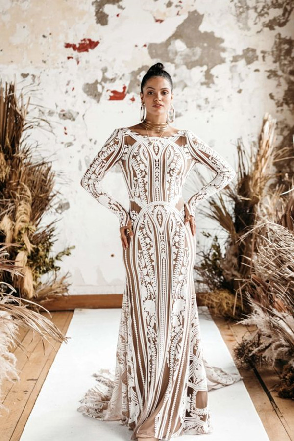 Champange Bohemiain Mermaid Wedding Dresses with Long Sleeve 2023 Crochet Lace Backless Applique Country Bridal Gowns Rue de Seine