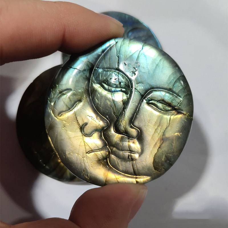Natural moonstone arts crystal original stone carving sun moon face European and American decorative meditation Labradorite crystal ornaments