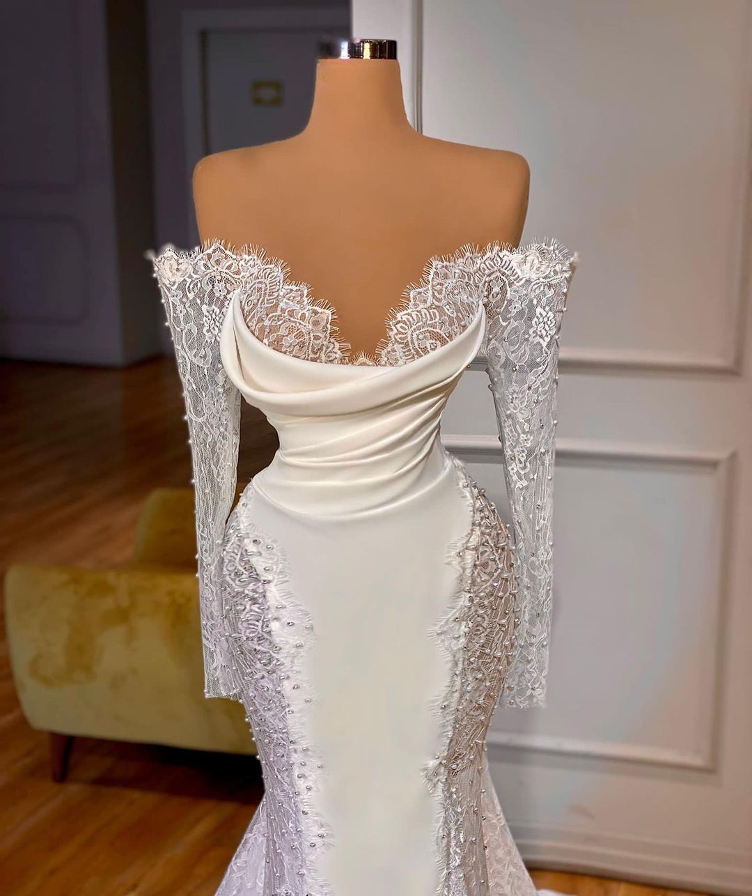 Exquisite Lace Mermaid Wedding Dress Deep V Neck Off Shoulder Full Sleeves Train Plus Size Bride Gown