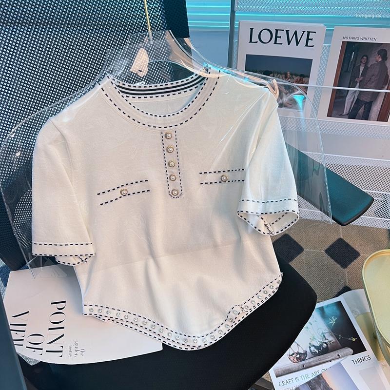 Women's T Shirts Elegant Button Diamond Women's Summer Knitted Shirt Women Short Sleeve Knitwear Jumper Thin Irregular Cropped Tee Top, White
Women's T Shirts Elegant Button Diamond Women's Summer Knitted Shirt Women Short Sleeve Knitwear Jumper Thin Irregular Cropped Tee Top, White