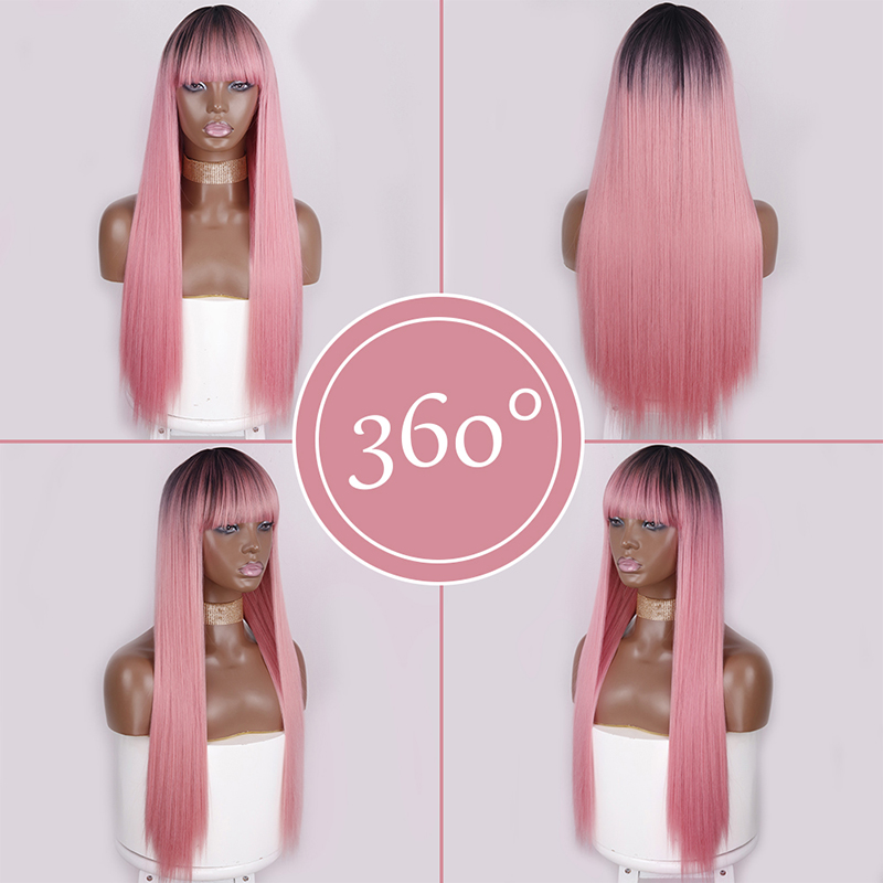 Synthetic Straight Hair Long Black Pink Cosplay Wig With Bangs 28 Inch Long Heat-Resistant Orange Wigs For Women