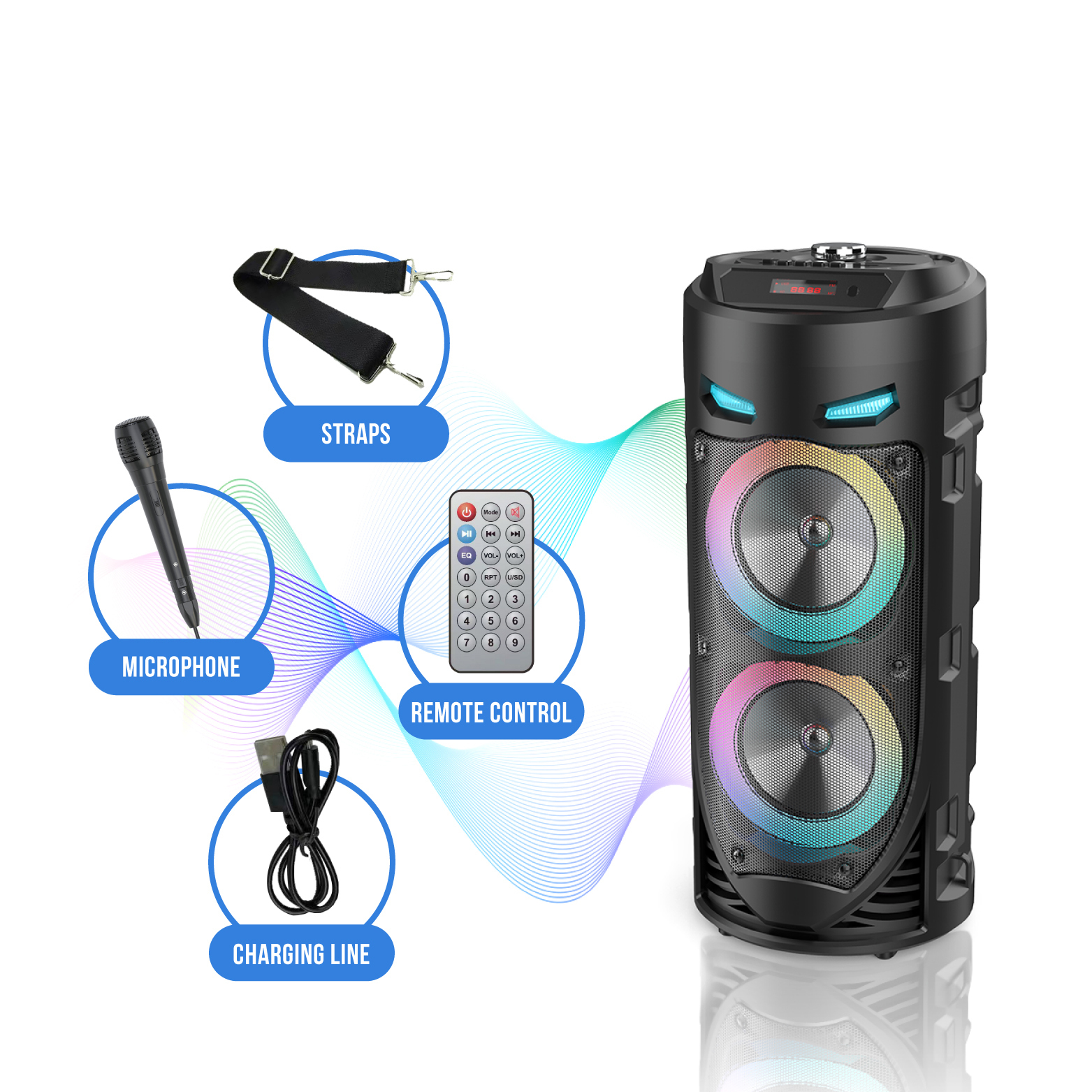 Portable Speakers Large Square Dance Portable Bluetooth Speaker LED Colorful Light Soundbar Column KTV Soundbox Wireless Subwoofer HiFi Boombox 221011