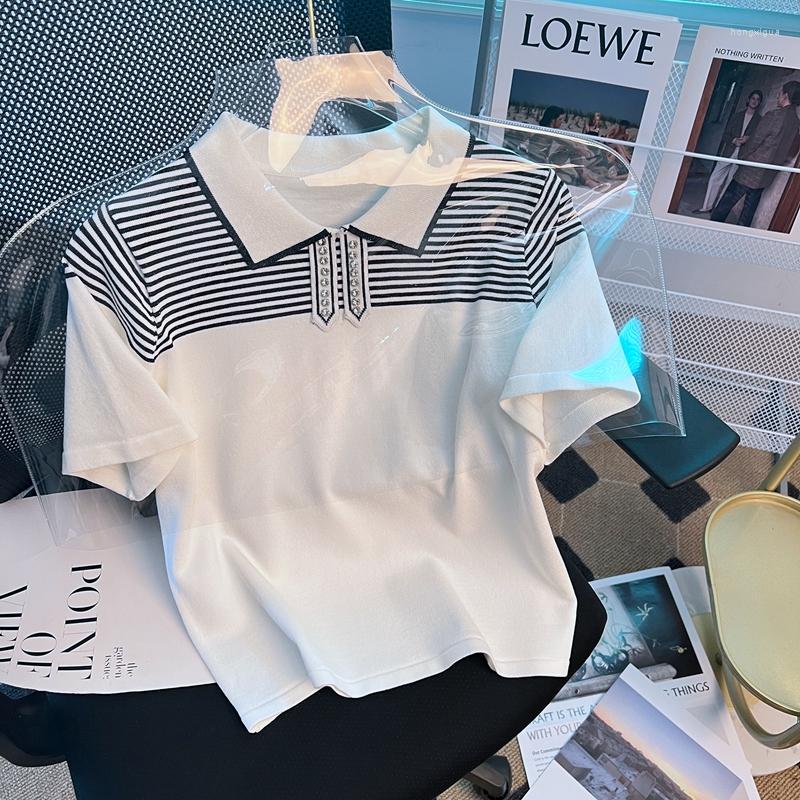 Women's T Shirts 2022 Summer Korean Diamond T-shirt Women Polo Collar Ice Silk Thin Striped Knitted Sweater Women's Short-sleeved Top, White
Women's T Shirts 2022 Summer Korean Diamond T-shirt Women Polo Collar Ice Silk Thin Striped Knitted Sweater Women's Short-sleeved Top, White