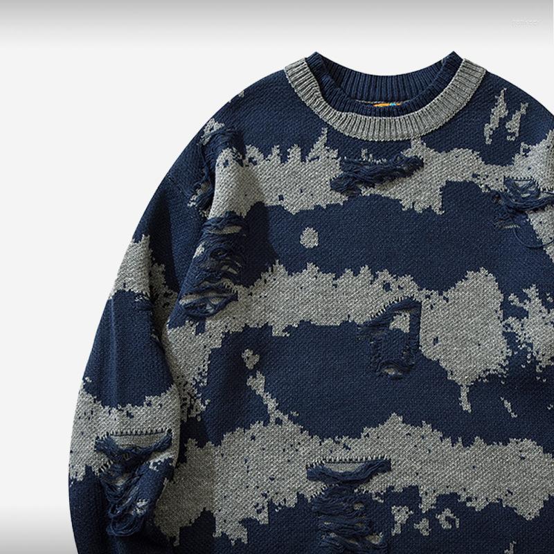 Men' Sweaters Broken Sweater Couple Men' Long Sleeve Loose Pullover Women' Knitted, Blue
