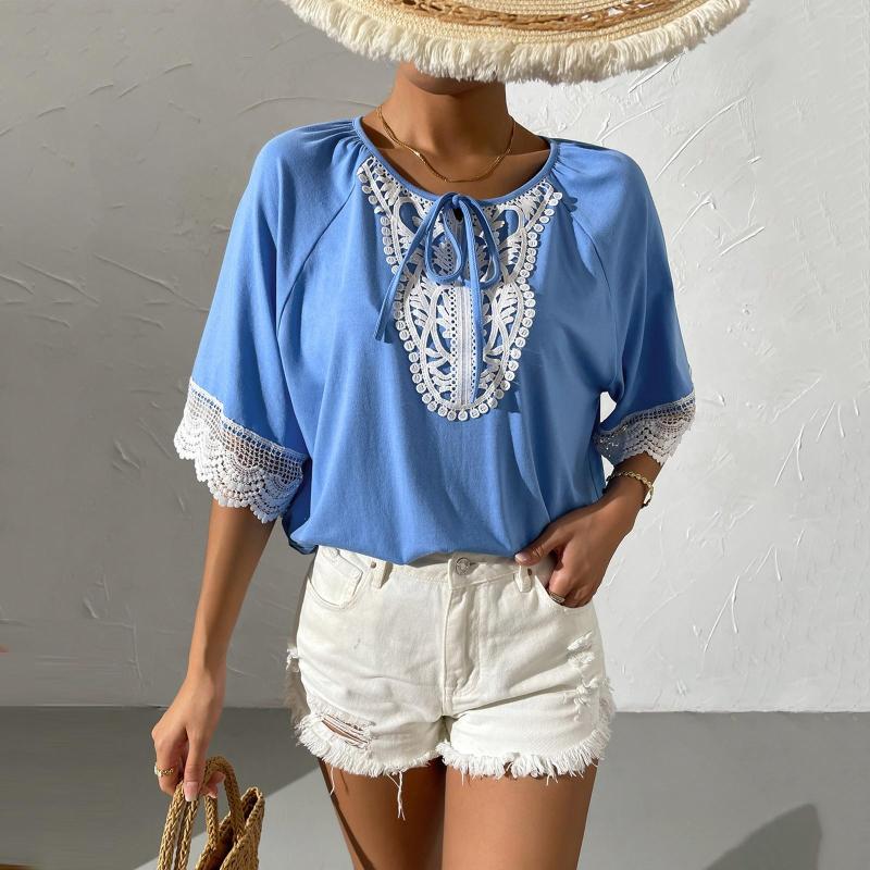 Women' Blouses Elegant Lace Blouse Women O Neck Short Sleeve Tie Tops Sexy Solid Casual Shirt Blusas Mujer, Blue
Women' Blouses Elegant Lace Blouse Women O Neck Short Sleeve Tie Tops Sexy Solid Casual Shirt Blusas Mujer, Blue