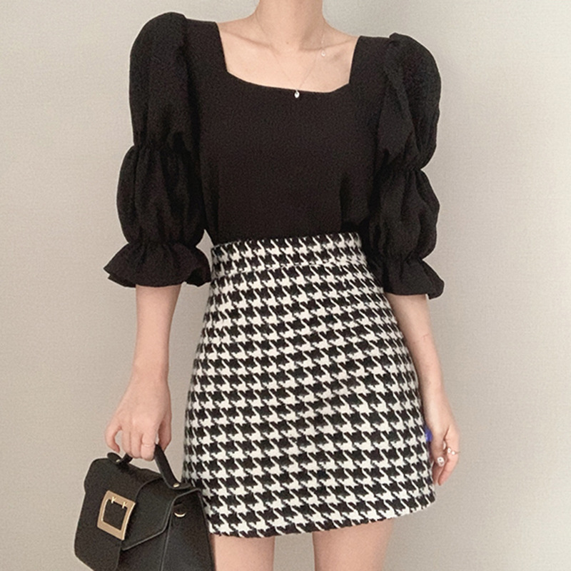 Summer Bubble Sleeve Chiffon Shirt for Women Korean Version Shows Thin Design with Square Neck Tops