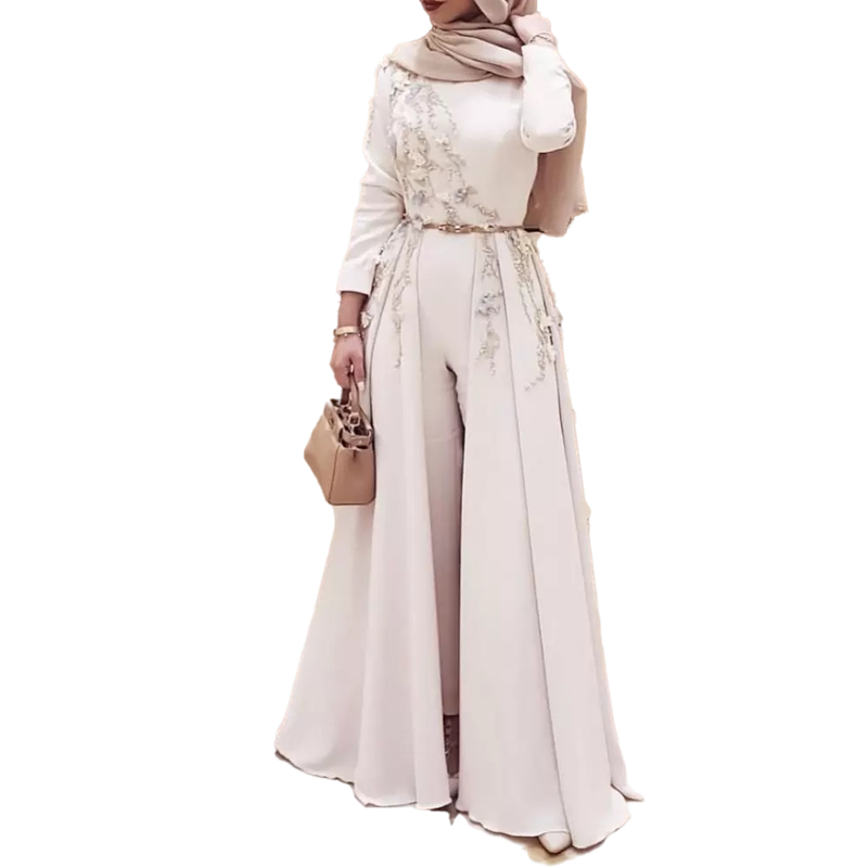 Elegant Long Sleeve Muslim Jumpsuit Evening Dresses 2023 Appliqued robe de soiree Islamic Dubai Hijab Formal Event Gowns Prom Party Dress