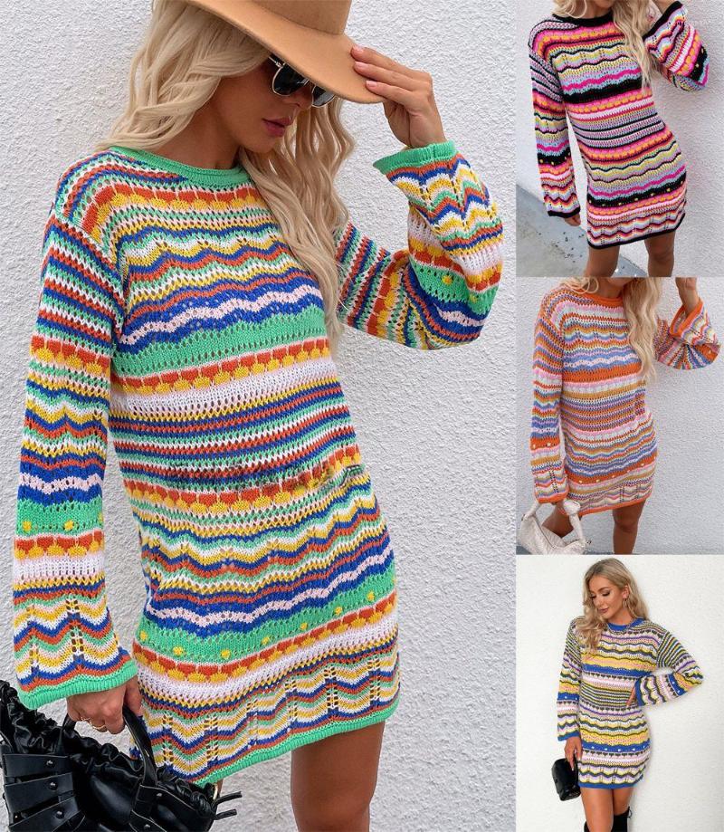 Casual Dresses Autumn And Winter Fashion Round Neck Women' Knitwear Rainbow Stripe Pullover Medium Long Sweater For Women
Casual Dresses Autumn And Winter Fashion Round Neck Women' Knitwear Rainbow Stripe Pullover Medium Long Sweater For Women