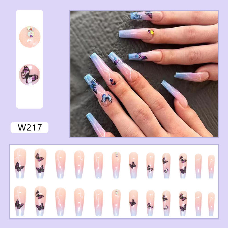 Wearable Ballerina Nails Coffin Butterfly Design French Fake Nails Detachable Full Cover Nail Tips With Rhinestone Unas De Bailarina Usables