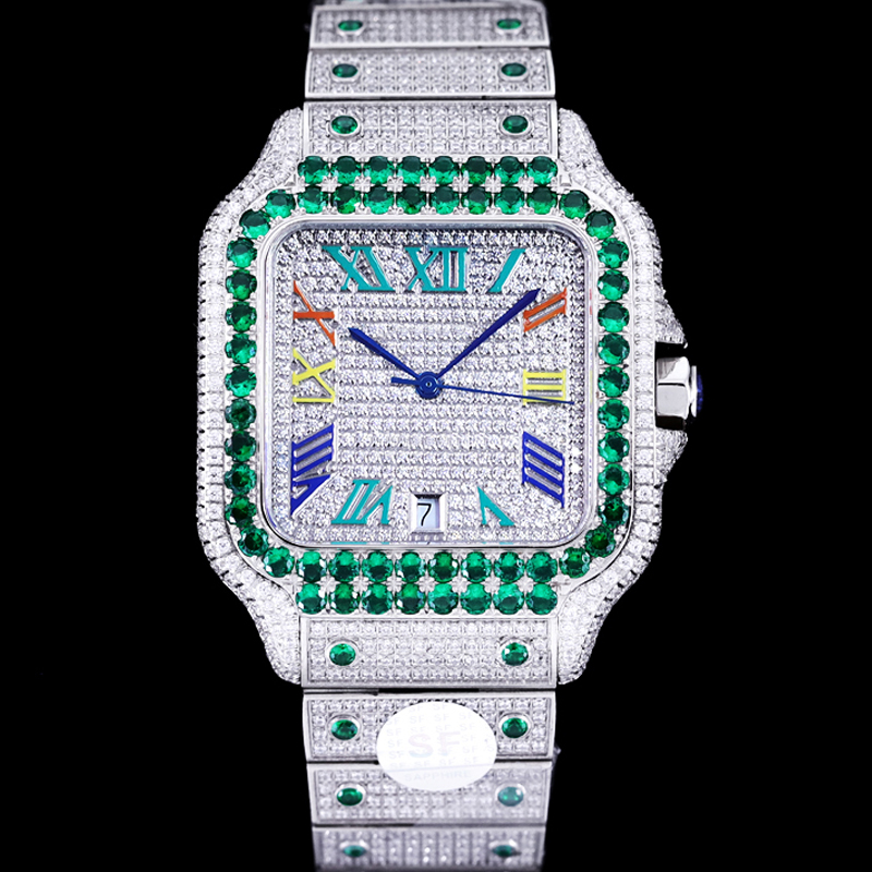 Silver CZ Diamonds Watch Men Luxury watches Green bezel Rainbow Roman numerals MISSFOX Square Automatic ETA8215 movement Full Iced Out wristwatch with box, 01
Silver CZ Diamonds Watch Men Luxury watches Green bezel Rainbow Roman numerals MISSFOX Square Automatic ETA8215 movement Full Iced Out wristwatch with box, 01