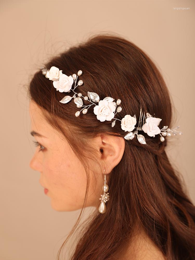 

Headpieces Trendy Flower Leaf Wedding Headdress Pearl Crystal Bridal Hair Comb For Women Headband Handmade Chic Party Bride Headpiece Tiara