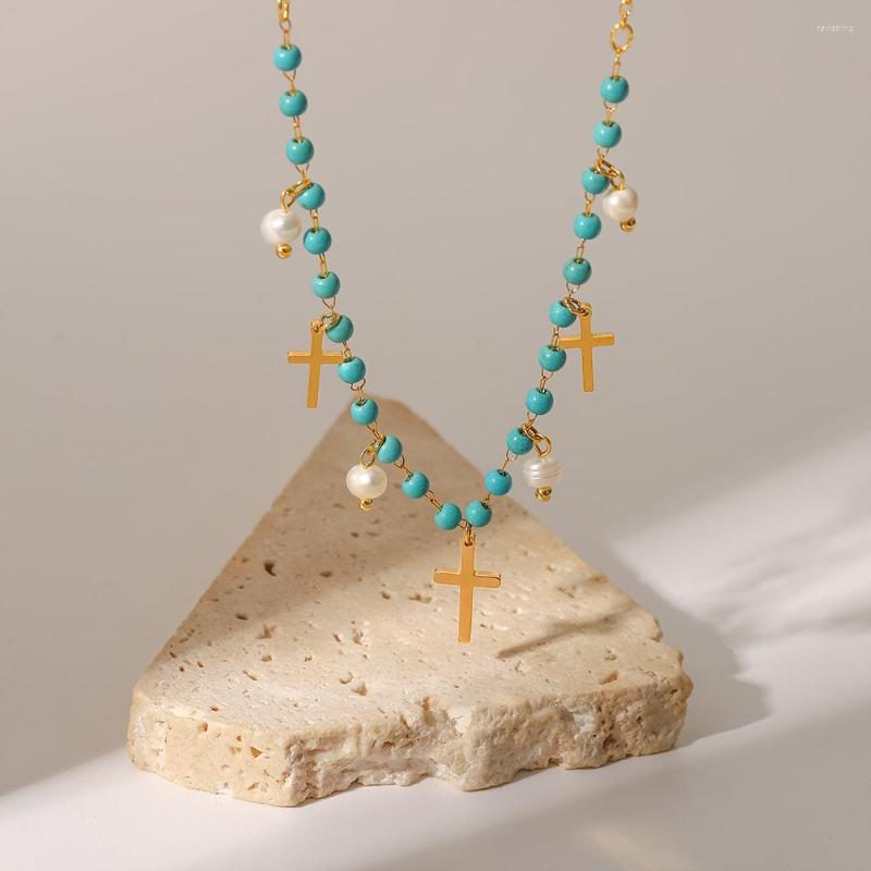 Pendant Necklaces Uworld Vintage 18K Gold Plated Turquoise Cross Necklace Stainless Steel Small Pearls Charms Bijoux Femme
Pendant Necklaces Uworld Vintage 18K Gold Plated Turquoise Cross Necklace Stainless Steel Small Pearls Charms Bijoux Femme