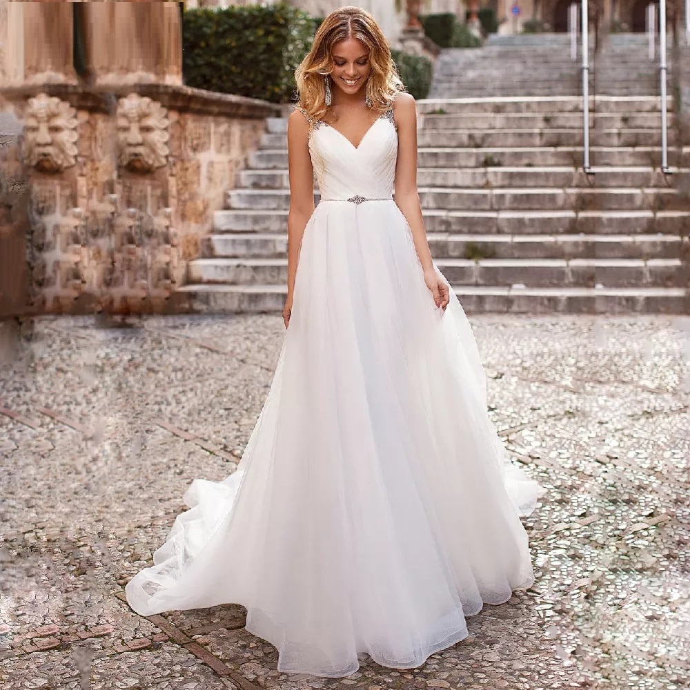 DREAM Spaghetti Straps Backless Wedding Dresses With Rhinestones Crystals Sleeveless Bridal Gown V Neck, Ivory
DREAM Spaghetti Straps Backless Wedding Dresses With Rhinestones Crystals Sleeveless Bridal Gown V Neck, Ivory