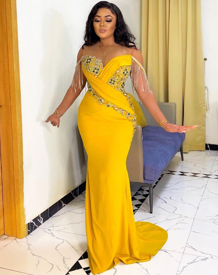Arabic Aso Ebi Yellow Mermaid Prom Dresses Beaded Crystals Lace Evening Formal Party Second Reception Birthday Engagement Bridesmaid Gowns Dress ZJ534