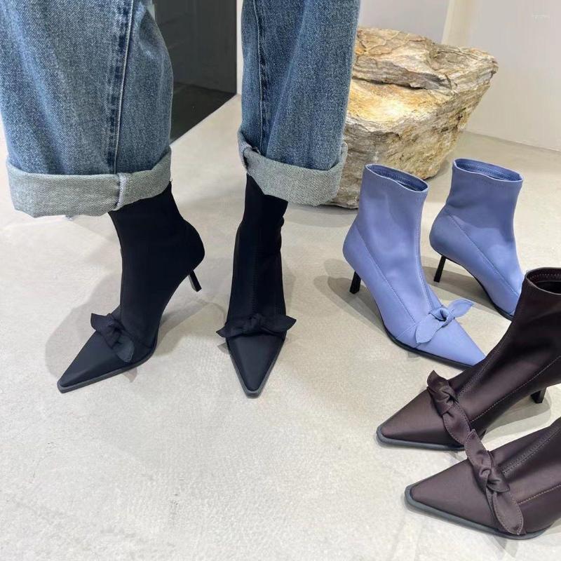 Boots Pointed Toe Women Sock Black Brown Blue Bow Decoration Thin High Heels Slip On Autumn Winter Party Shoes Booties Fashion
Boots Pointed Toe Women Sock Black Brown Blue Bow Decoration Thin High Heels Slip On Autumn Winter Party Shoes Booties Fashion