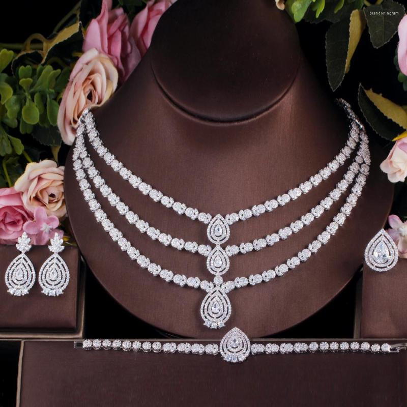 Necklace Earrings Set ThreeGraces Luxurious Shiny White Cubic Zirconia 3 Layers Nigerian Bridal Wedding Party Jewelry For Brides Accessories, Picture shown