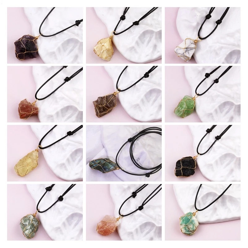 Natural Raw Stone Necklace Amethyst Rose Quartz Citrine Crystal Pendant Woven Adjustable Necklaces Men Women Jewelry Gift