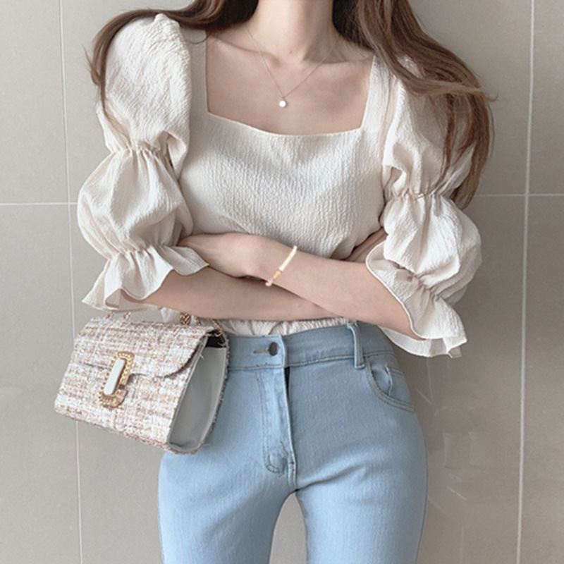 Summer Bubble Sleeve Chiffon Shirt for Women Korean Version Shows Thin Design with Square Neck Tops