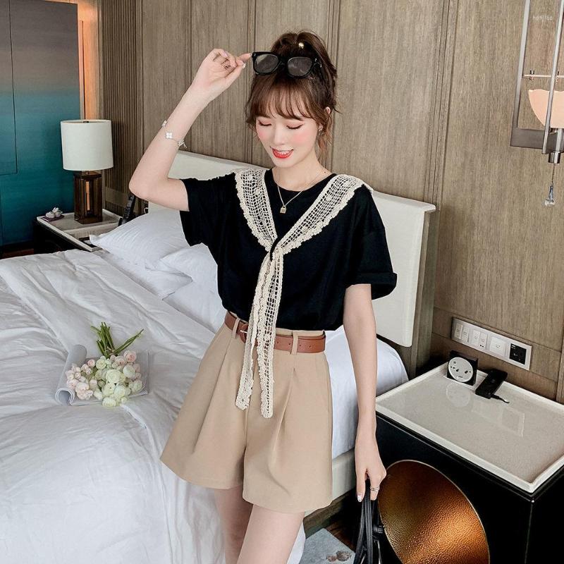 Women' Tracksuits 2022 Summer Fashion 2 Pieces Suits Korean Women Lace Solid T-shirt Tops Shorts Set Two Piece Outfits With Belt Q153, Black khaki
Women' Tracksuits 2022 Summer Fashion 2 Pieces Suits Korean Women Lace Solid T-shirt Tops Shorts Set Two Piece Outfits With Belt Q153, Black khaki