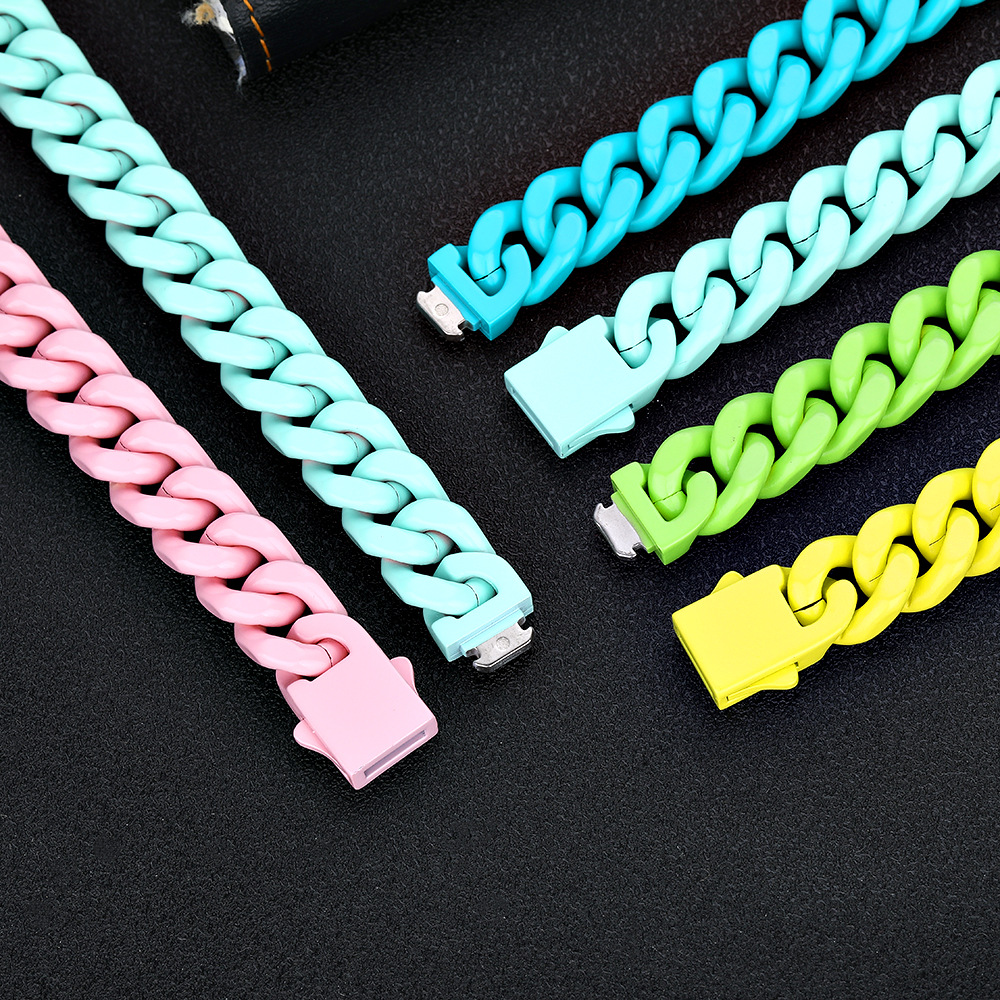 Hip Hop Colorful Stainless Steel Cuban Chain Necklace Bracelet Spring Buckle Mens Jewelry