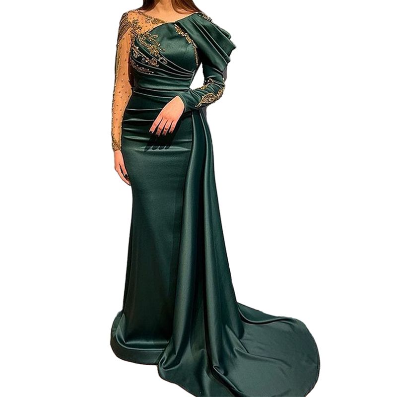 2023 Emerald Green Prom Dresses Bling Gold Crystal Beads Long Sleeves V Neck Illusion Satin Mermaid Plus Size Formal Party Dress Evening Gowns