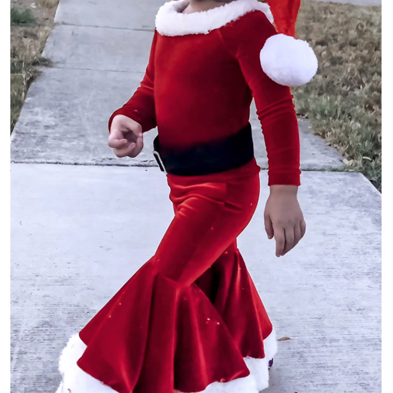 Special Occasions Girls Christmas Cosplay Long Sleeve Bell Bottom Velvet Suit Carnival Party Santa Claus Costume 4 Piece 2-8 Years Old 221011