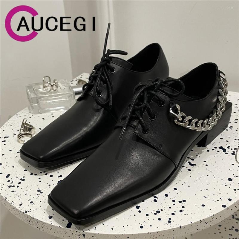 

Dress Shoes Aucegi Women Spring Autumn Chunky Heel Pumps Calf Leather Black Loafers Metal Chain Square Toe British Style Female