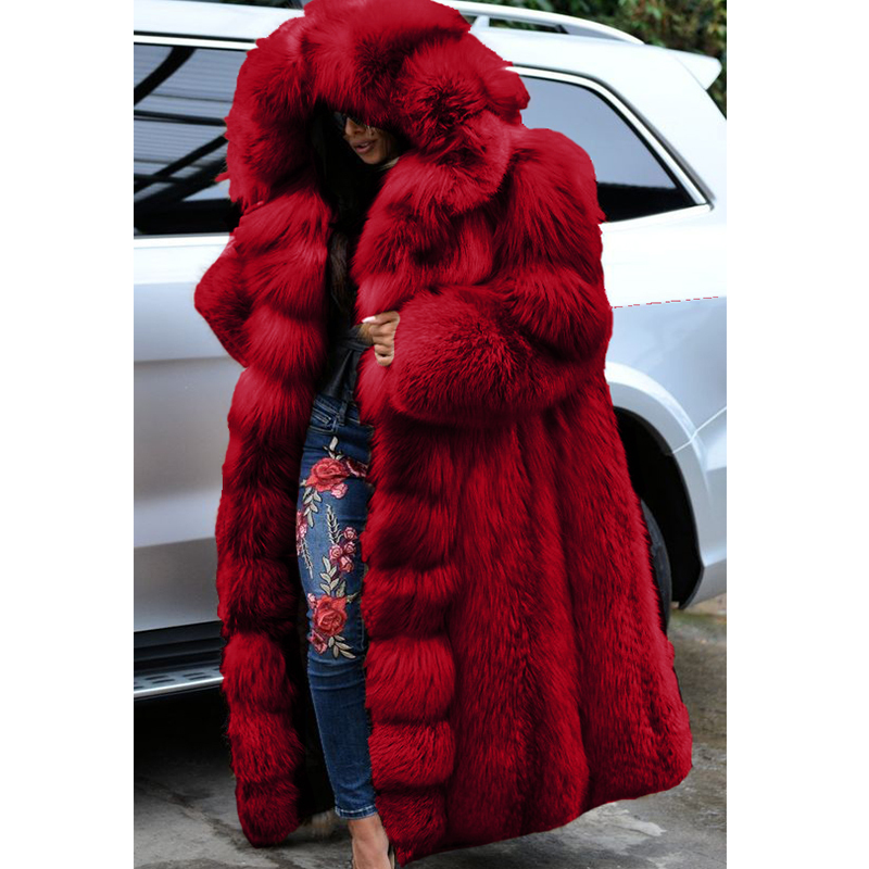 Plus Size Faux Fur Thick Long Coats Women Fashion Warm Maxi Floor Length Oversized Hooded Jackets Female Winter Clothes 201110