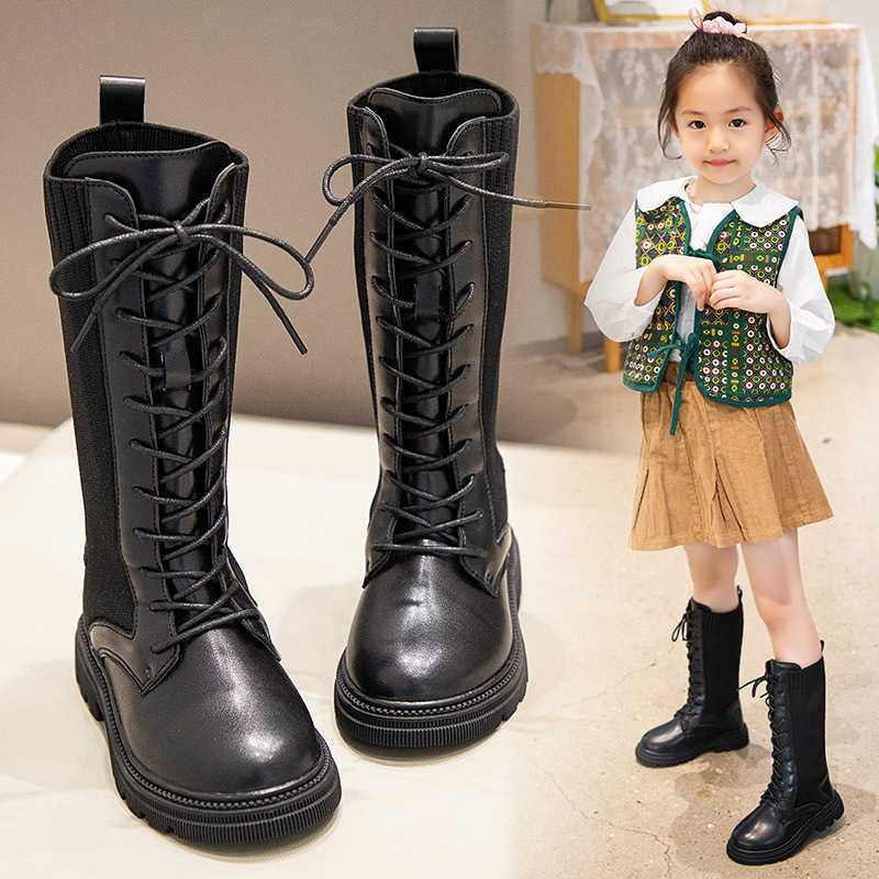 Fashion Boots Kids Autumn and Winter High Children Round-toe Mid-calf Girls Black Warm Lace-up Unique for Girl L221011