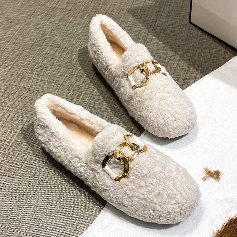 Dress Shoes Chain New Lambswool Flats Moccasins Femme Slip On Plush Winter Ladies Curly Furry Loafers Women Creepers atos Plus Size 43 221012