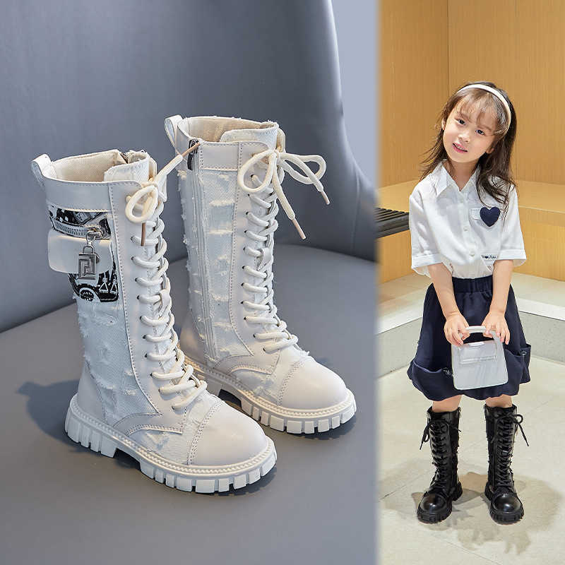 Boots Autumn Girls Fashion High Children's Chain Waterproof Flat Heels Kids Soft Sole Princess Leather Shoes H150 L221011