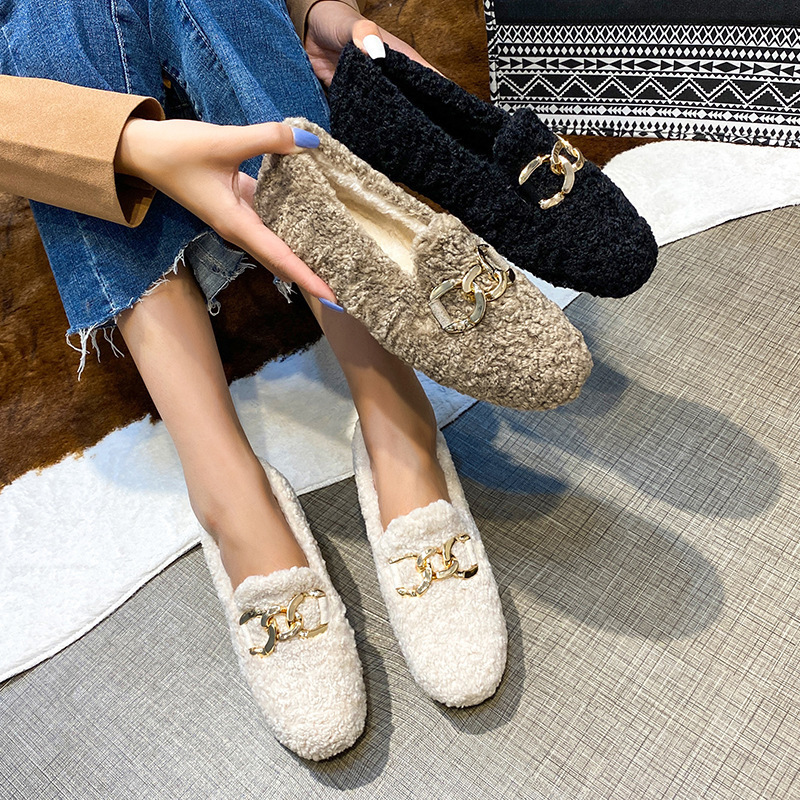 Dress Shoes Chain New Lambswool Flats Moccasins Femme Slip On Plush Winter Ladies Curly Furry Loafers Women Creepers atos Plus Size 43 221012