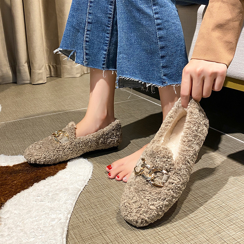 Dress Shoes Chain New Lambswool Flats Moccasins Femme Slip On Plush Winter Ladies Curly Furry Loafers Women Creepers atos Plus Size 43 221012