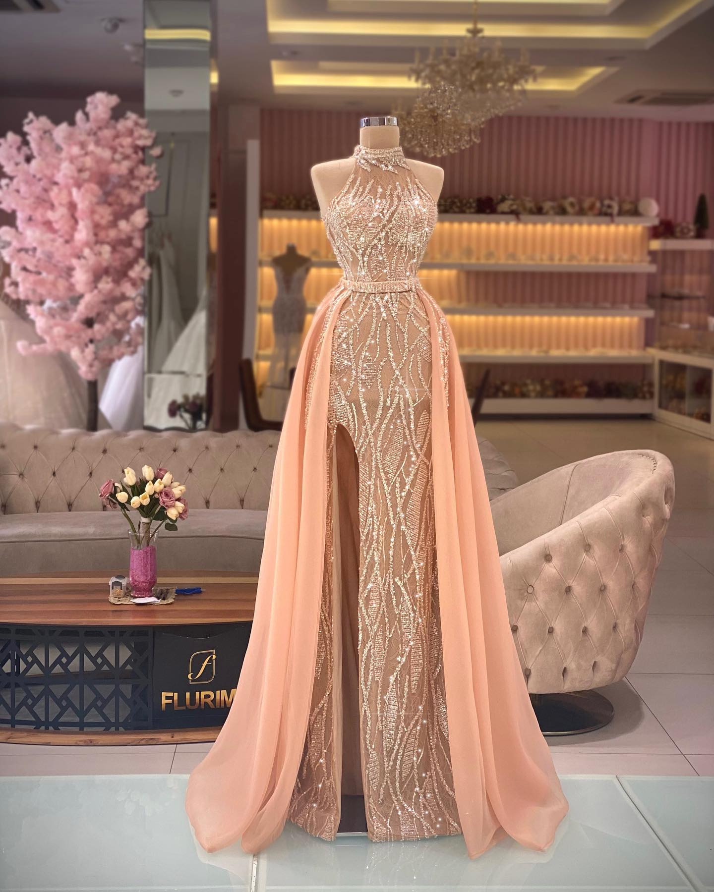 Graceful Lace Mermaid Prom Dresses with Overskirts Side Split Party Dresses High Neck Sequins Sleeveless Custom Made Evening Dress