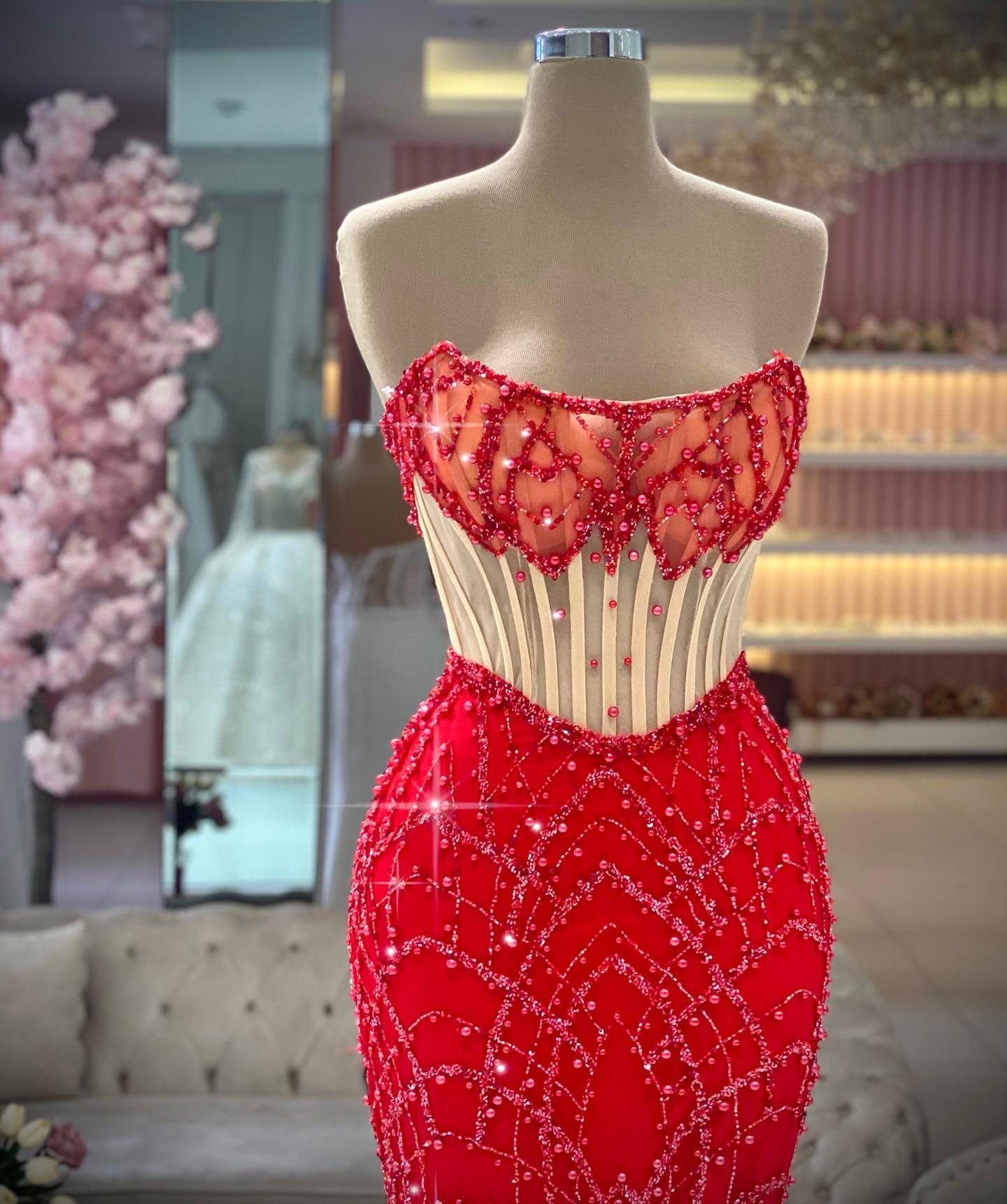 Elegant Red Mermaid Prom Dresses Beads Strapless Party Dresses Lace Sleeveless Custom Made Evening Dress