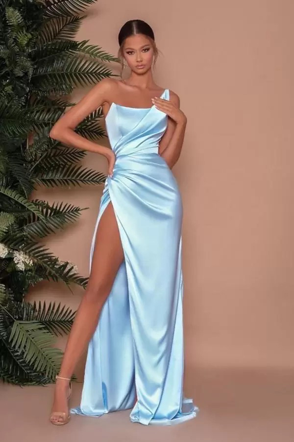 New Gold One Shoulder Satin Long Bridesmaid 2023 Ruched High Split Sweep Train Wedding Guest Maid Of Honor Dresses Free shipping