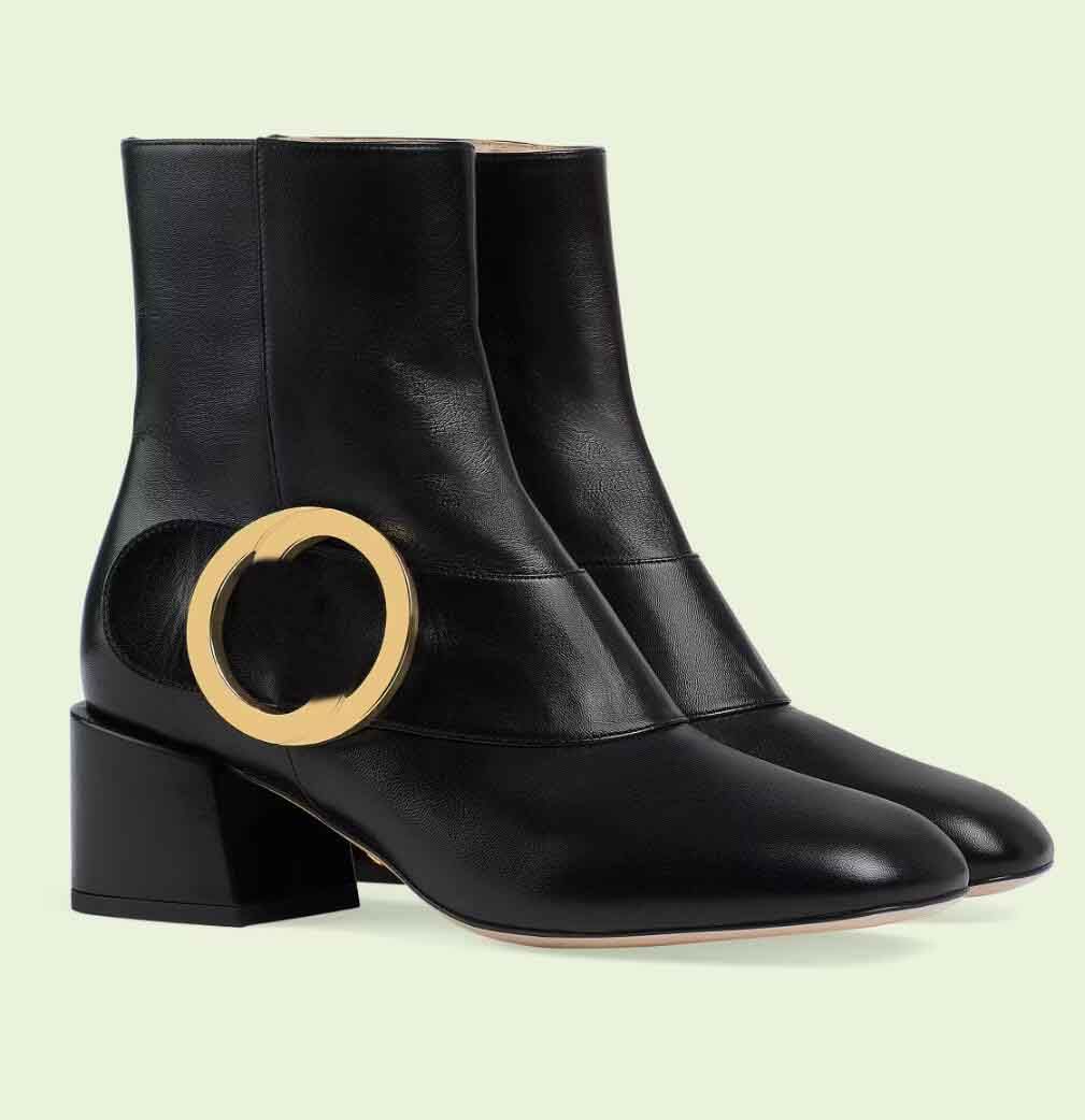 Famous Winter Blondie Women's Ankle Boot Gold-toned hardware Round Interlocking G-detail Lady Chunky Heels Lady Martin Boots EU35-42 With Box