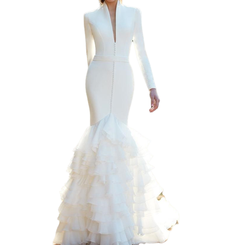 Elegant Ivory Mermaid Wedding Dresses Long Sleeve Hollow Back Buttons Tiers Fishtail Deep V-neck Sexy Simple Spring Autumn Bridal Gowns 2023 Robe De M
