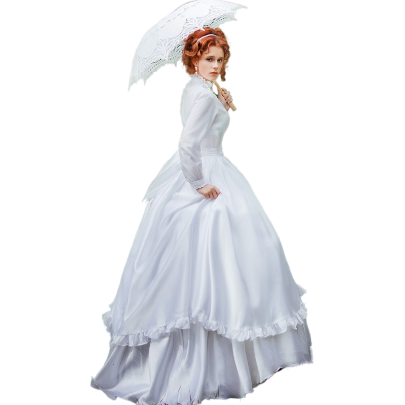 Vintage 18th Century White Rococo Wedding Dress Long Sleeves Bridal Ball Gown High Neck Tiered Skirt Sweep Train Robe De Mariee Vestidos 2023