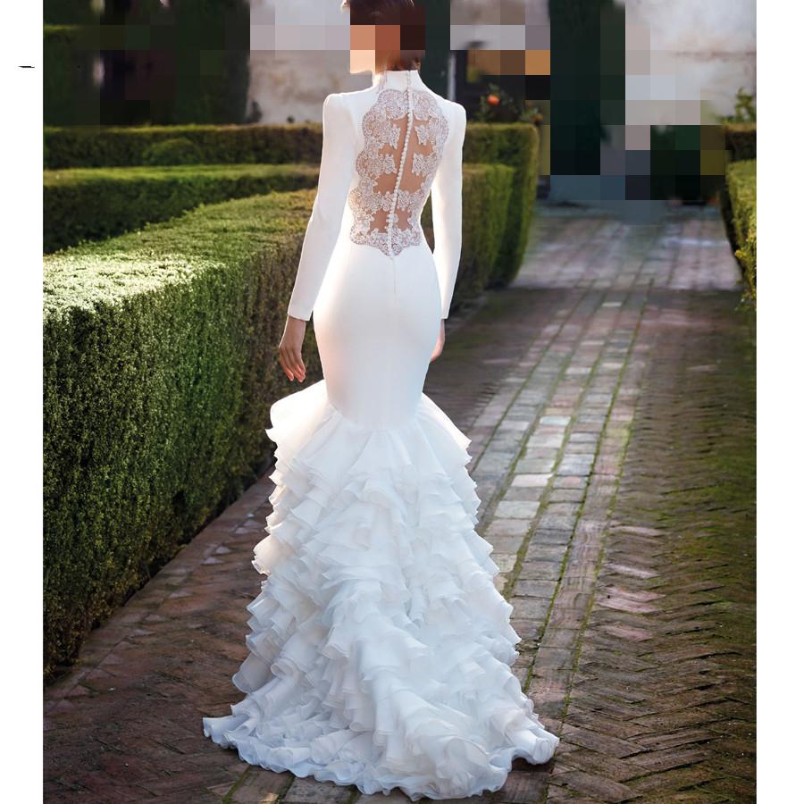 Elegant Ivory Mermaid Wedding Dresses Long Sleeve Hollow Back Buttons Tiers Fishtail Deep V-neck Sexy Simple Spring Autumn Bridal Gowns 2023 Robe De M