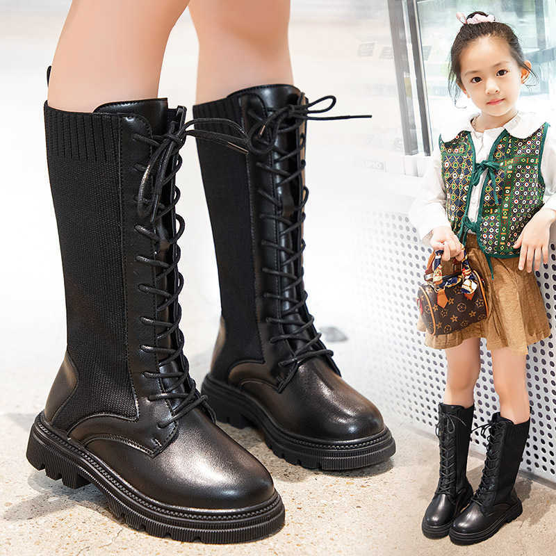 Fashion Boots Kids Autumn and Winter High Children Round-toe Mid-calf Girls Black Warm Lace-up Unique for Girl L221011