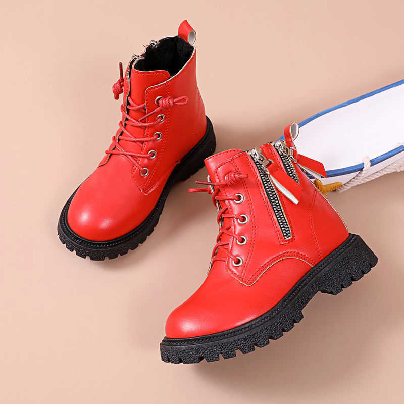 Boots Child Ankle PU Winter Leather Shoes Toddler Girl Double Zip Platform Girls Sneakers Red Fashion Booties Casual Y2210